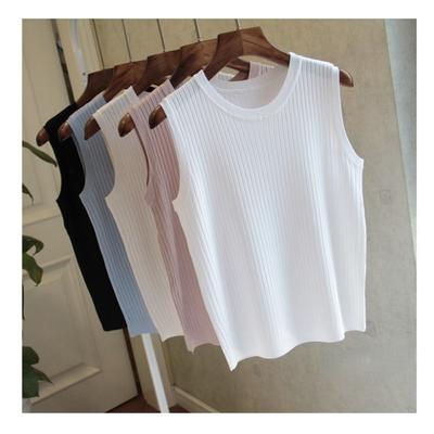 Καλοκαιρινό Αμάνικο Πλεκτό Γιλέκο με Φαρδιές Τιράντες και Στρογγυλή Λαιμόκοψη, Μόδα, Λεπτό, Αμάνικο, από Πλεκτό Παγωμένου Μεταξιού, Γυναικείο, Μονόχρωμο, Τοπ