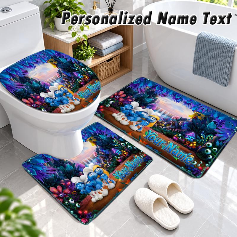 Smurfs Custom Name 3Pcs Flannel Bathroom Mat Set Toilet Rug Personalized Bath Decor
