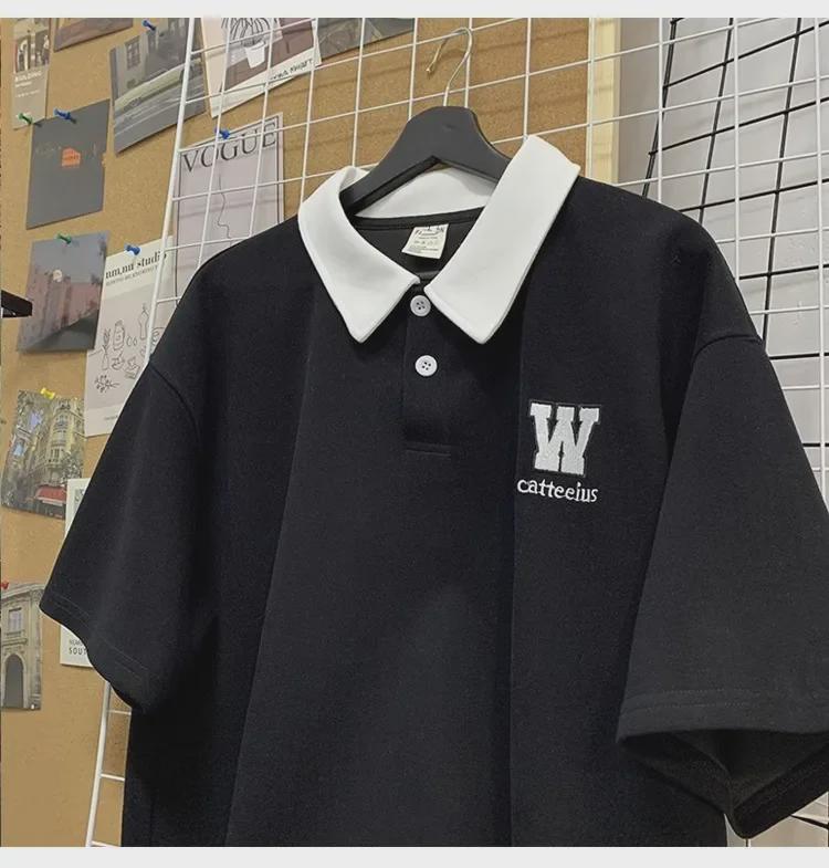 Men's Summer Embroidered Cotton Polo Shirt with College Style Contrast Colors