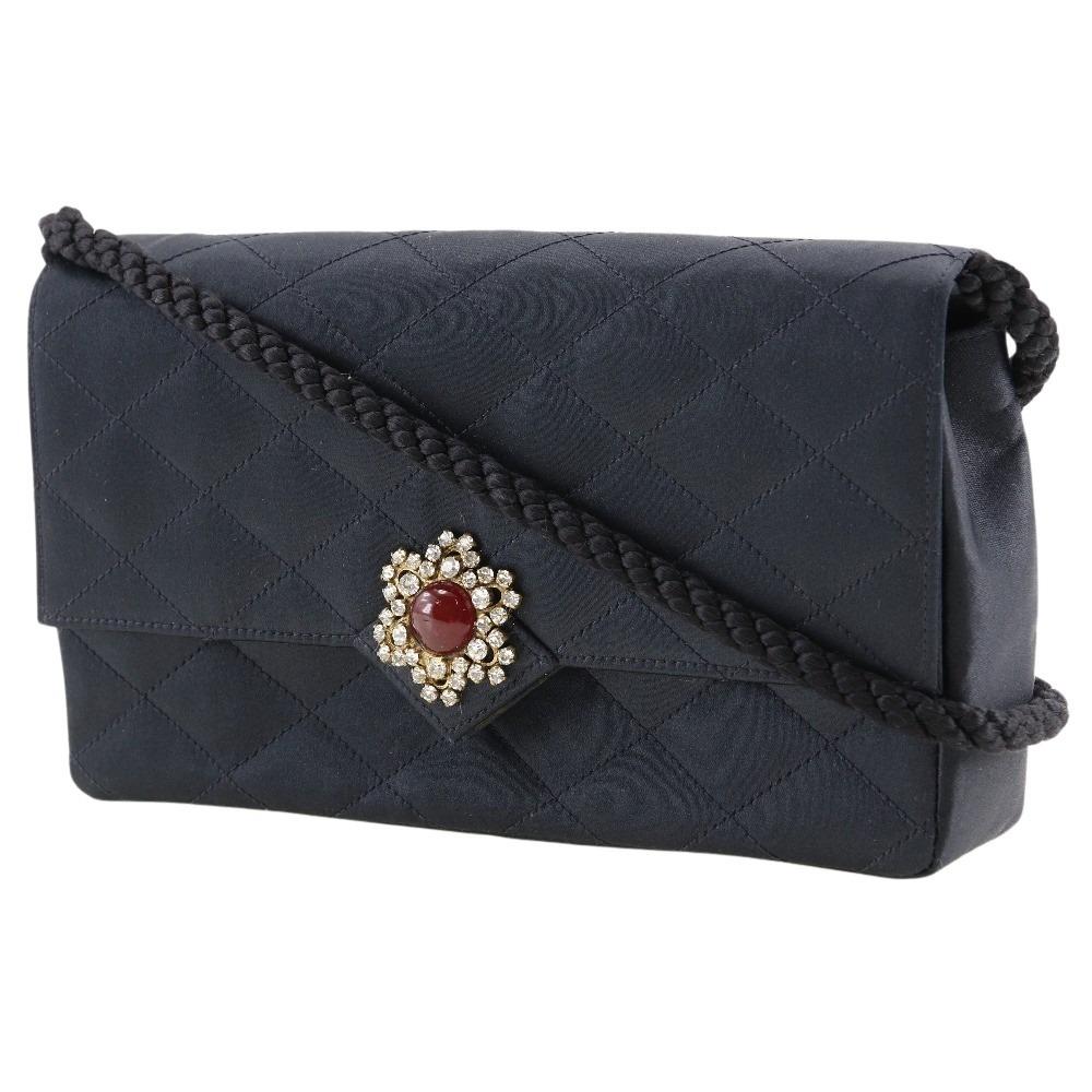 Chanel Matelasse Shoulder Bag Vintage Black Satin/Rhinestone Women Used