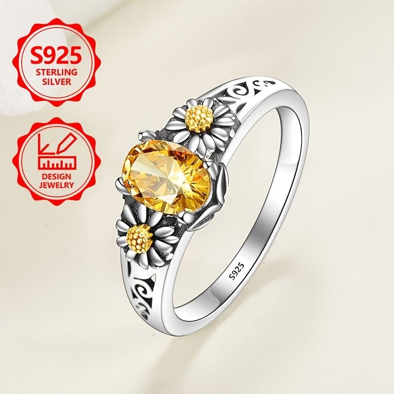 Women s 925 Silver Yellow Synthetic Zircon Ring Elegant Fashion Daisy Inlaid Synthetic Zircon Suitable for Proposal, Engagement, Wedding Ring Size 6