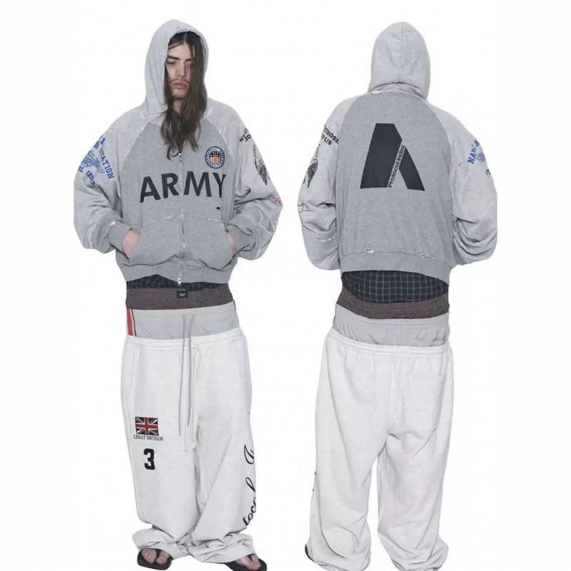Mens Oversized Distressed Cotton Hoodie With Colorblock Patchwork Print Zip-Up Sweatshirt Fall Casual Wear