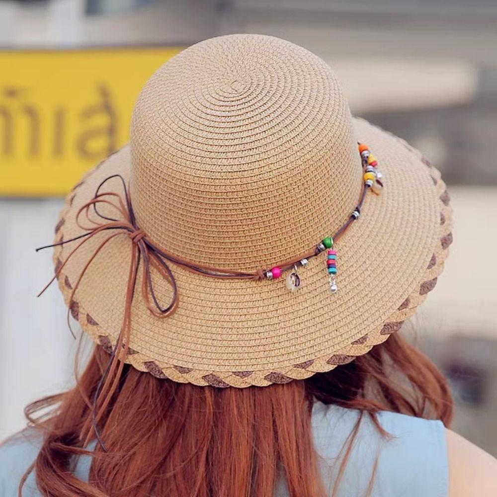 Wide Brim Folding Straw Hats Spring Summer Women's Sun Hat Bohemian Beaded Strap Straw Hat  Outdoor