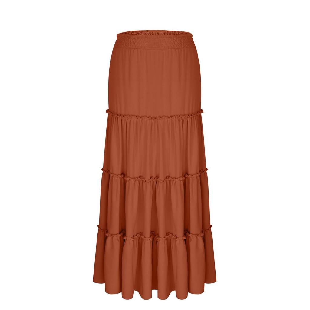 Women's Fashion Color Elastic Waist Skirt Loose Casual High Waist Tie Long Skirt