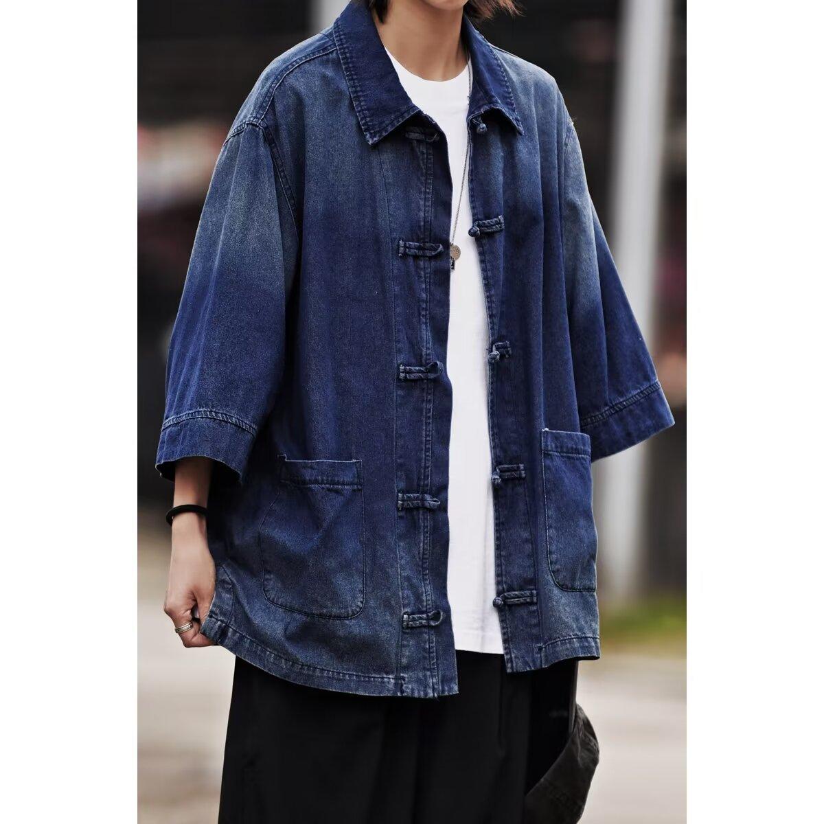

Летняя новая джинсовая куртка в китайском стиле в винтажном стиле для мужчин и женщин, свободный джинсовый топ с ретро-пуговицей 3XL синий