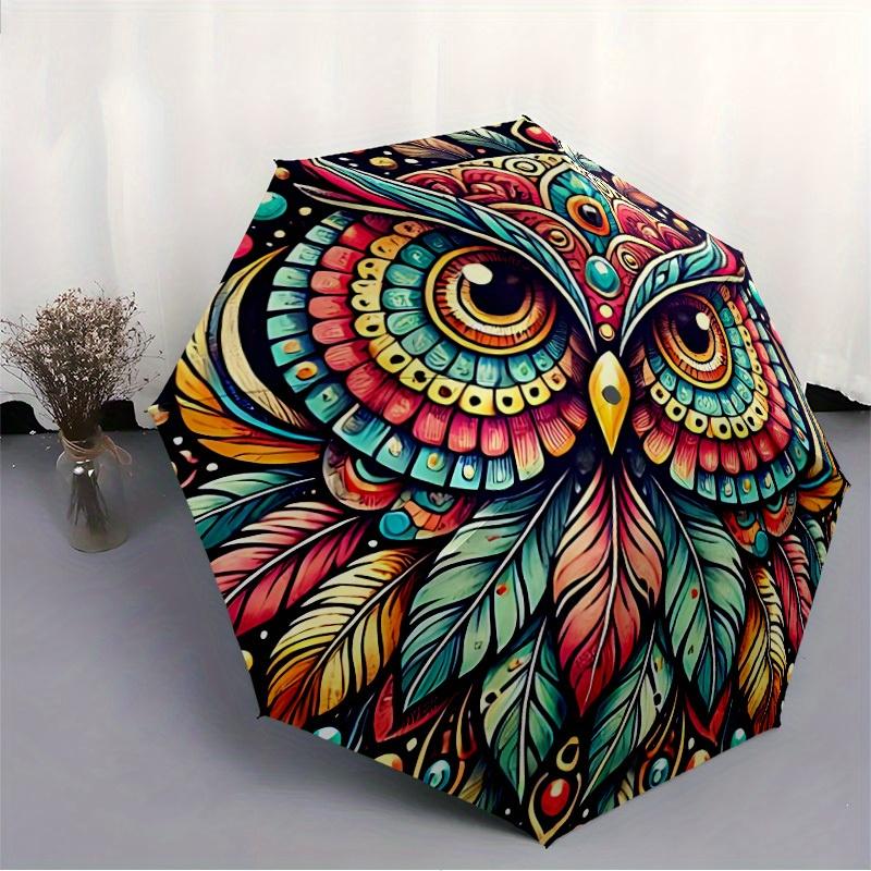 1pc Owl Mandala Automatic Open/Close Umbrella with Windproof, Functional Design, 8-Rib Sturdy Canopy