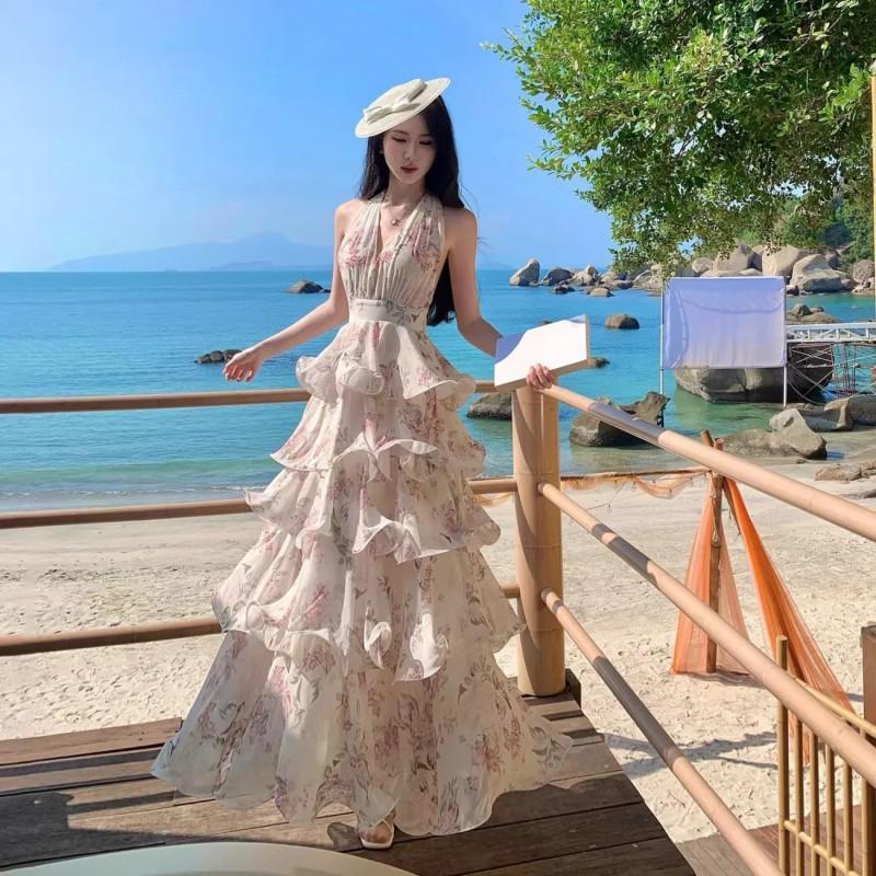 Morning Dew Rose GardenFrench Vacation Style Printed Neck Chiffon Cake Long Dress Women's Collar Beach