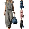 Summer 2 Piece Denim Set for Women Cap Sleeve Mock Neck Top And Wide Leg Pants Set Casual Loose Loungewear Outfit