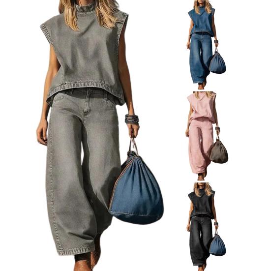 Summer 2 Piece Denim Set for Women Cap Sleeve Mock Neck Top And Wide Leg Pants Set Casual Loose Loungewear Outfit
