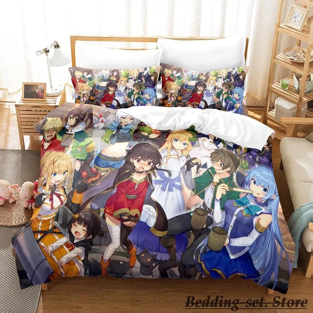 KonoSuba Bedding Set Cartoon Anime Three-piece Set Adult Kid Bedroom Duvetcover Sets 3D Kawaii Girls Lit 2 Personnes
