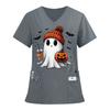 Damen V-Ausschnitt Halloween Bedruckt Kurzarm Taschen Seitenschlitz Schutzanzug Oberteil
