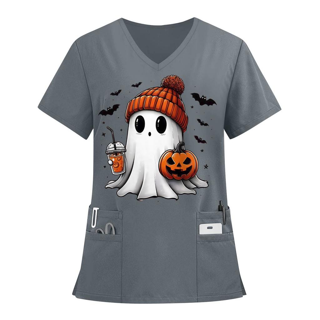 Damen V-Ausschnitt Halloween Bedruckt Kurzarm Taschen Seitenschlitz Schutzanzug Oberteil