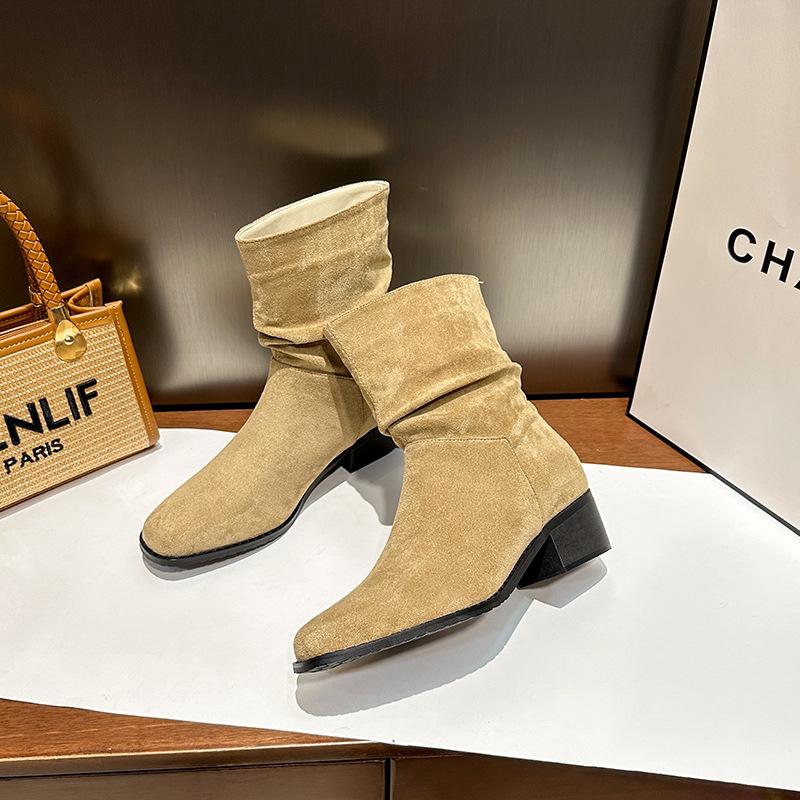 Inner heightening pleated boots women's new retro pointed western cowboy boots casual versatile sleeve knight short boots