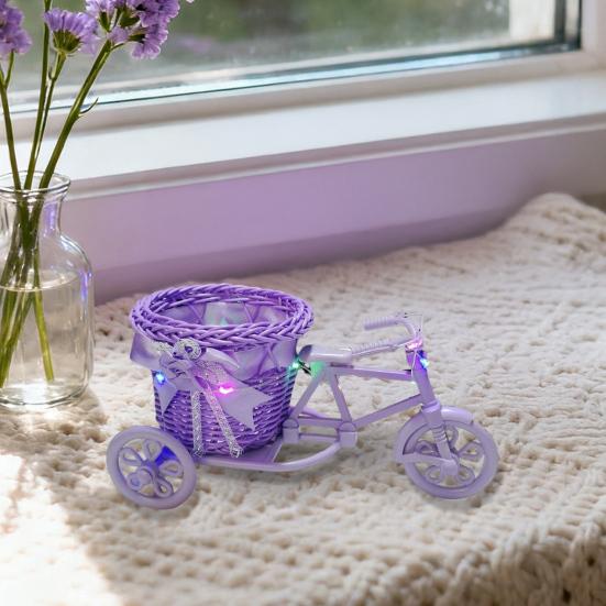 Rattan Trolley Flower Basket Decorative Tricycle with Colorful Flowers Woven Container Home Office Decor