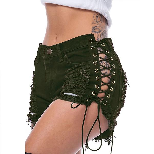 Ripped Short Jeans Fringe Lace Up 