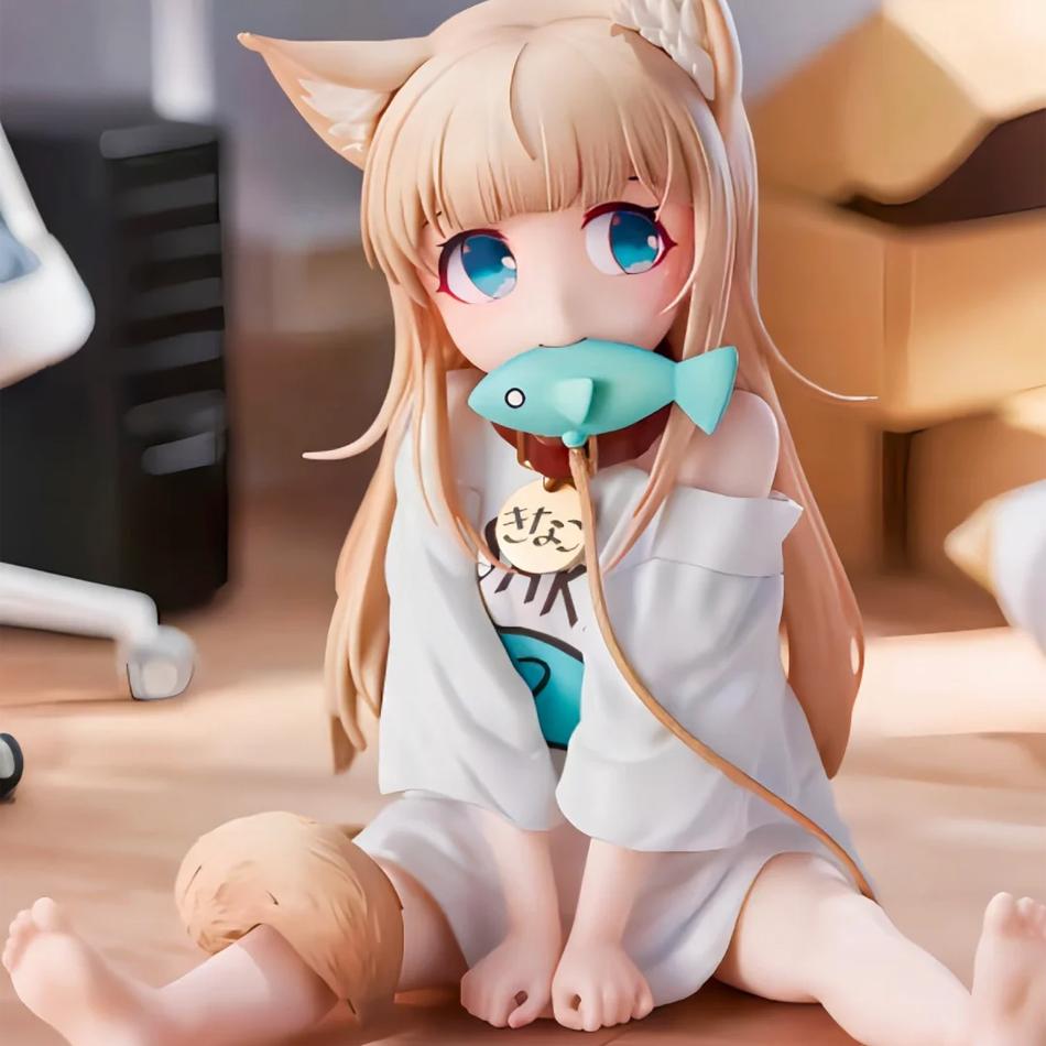 Anime Figure Golden Head My Cat Is A Kawaii Girl PVC Hobby Sakura Soybean Flour Sit And Eat Fish Model Doll Toys Christmas Gifts