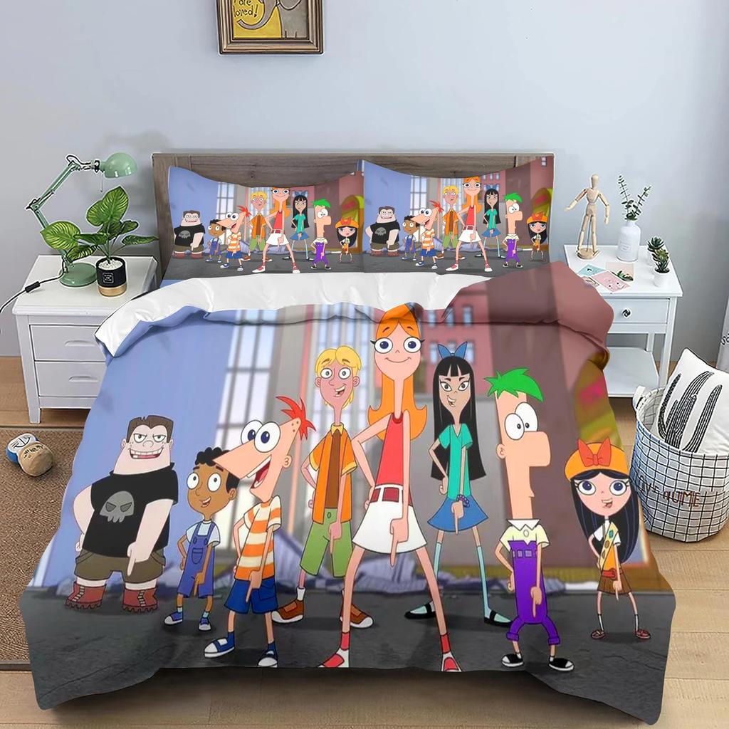 Phineas a Ferb Povlak na přikrývku, Kreslený potisk Polyesterová přikrývka do dětské ložnice, Anime, Útulné ložní prádlo do pokoje, Různé velikosti