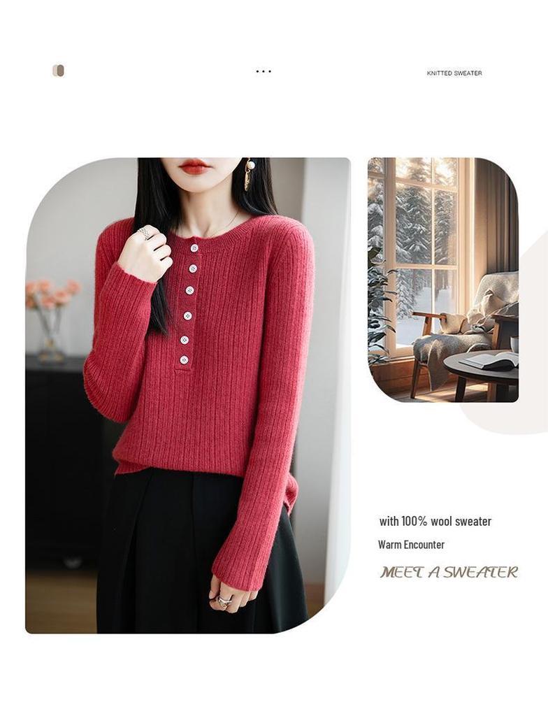 Women's Solid Color Wool Knitwear: Single-Breasted, Long-Sleeve, Round Neck, 2025 Autumn Collection