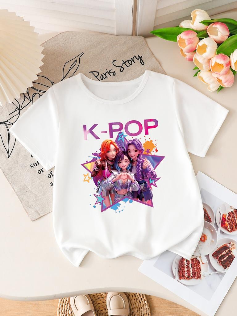 Kids Pure Cotton Round Neck Tshirt 2026 Summer Girls Top Harajuku Style Kpop Childrens Shortsleeved Cartoon Girls Clothing