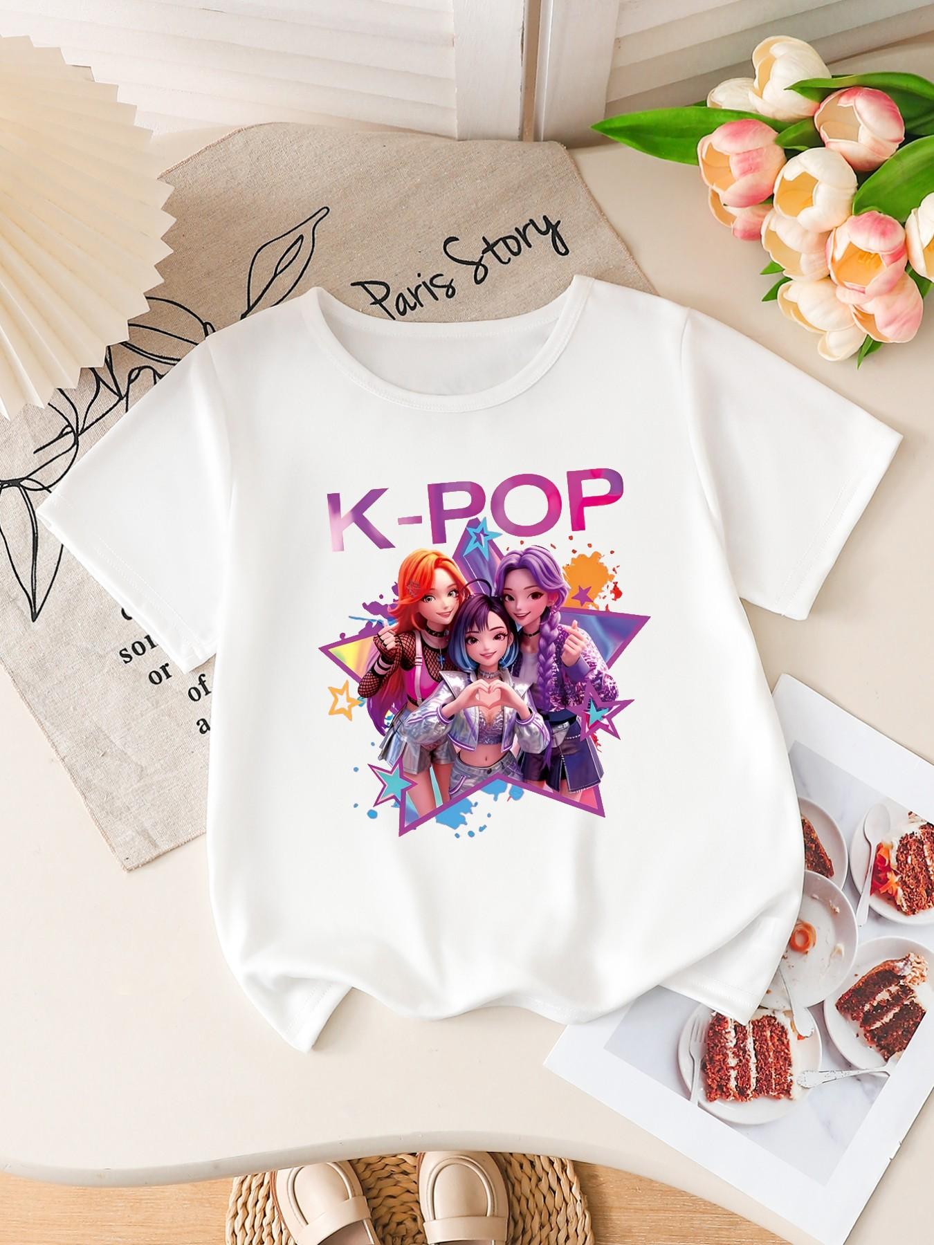 Kids Pure Cotton Round Neck Tshirt 2026 Summer Girls Top Harajuku Style Kpop Childrens Shortsleeved Cartoon Girls Clothing 100
