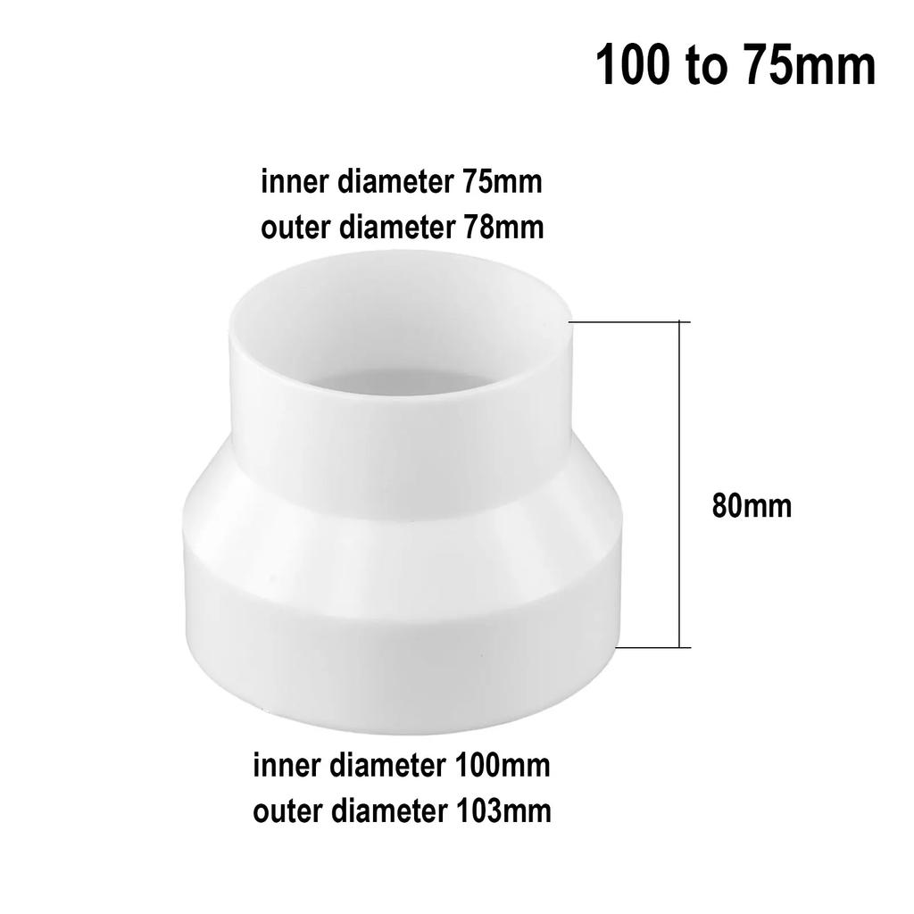 Connections Reducer Adapter Pipe Ventilation Fittings Plastic Reducer White 100to75 ABS Pipe Ventilation Adapter