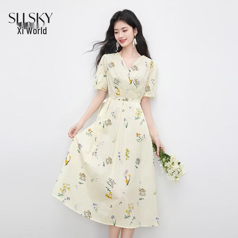 French Style Botanical Floral V-Neck Dress S