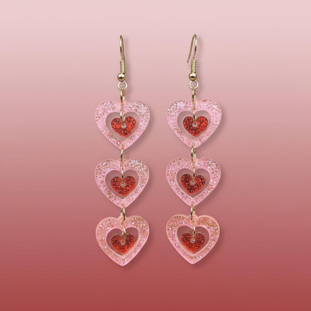 Acrylic Heart Earrings Pink Red Glitter Pendant Lightweight Comfortable for Women Gift
