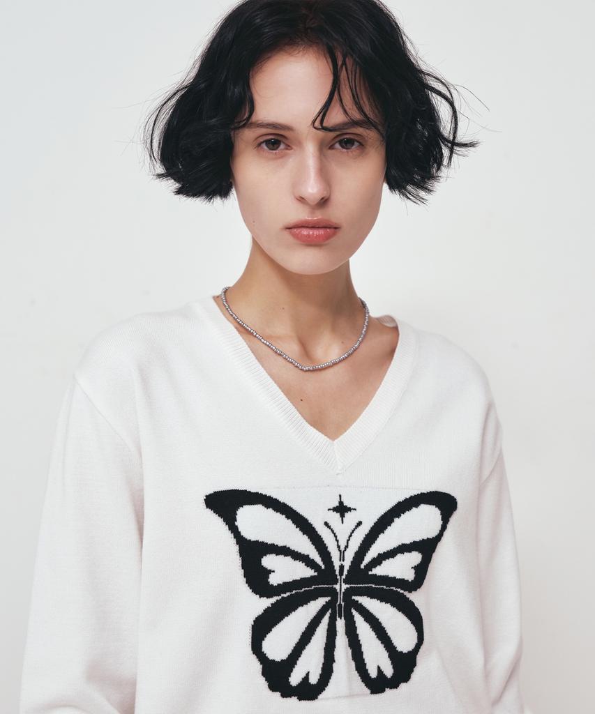 Nigaennikol Butterfly V Neck Jacquard Knit_Ivory