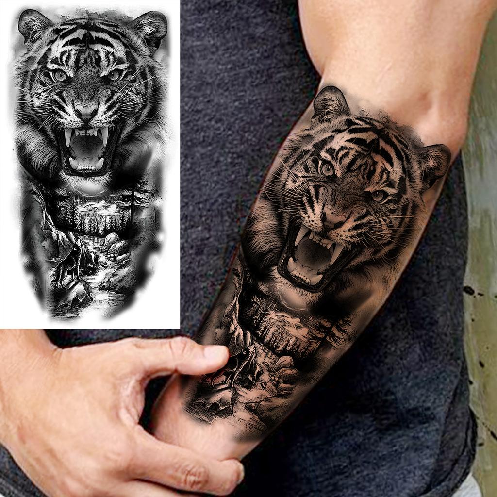 1 Sheet Lion Wolf Skeleton Nun Tiger Black Temporary Tattoos For Men Adult Leg Arm Compass Flower Fake Tattoo Sticker Waterproof