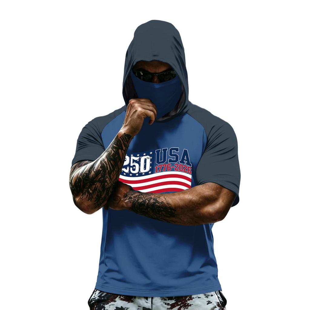 Men's Summer Camouflage Gradient Drying Short-sleeved T-shirt, Sun Clothing, Fishing, Fitness, Sports, Hooded Short-sleeved Shirt