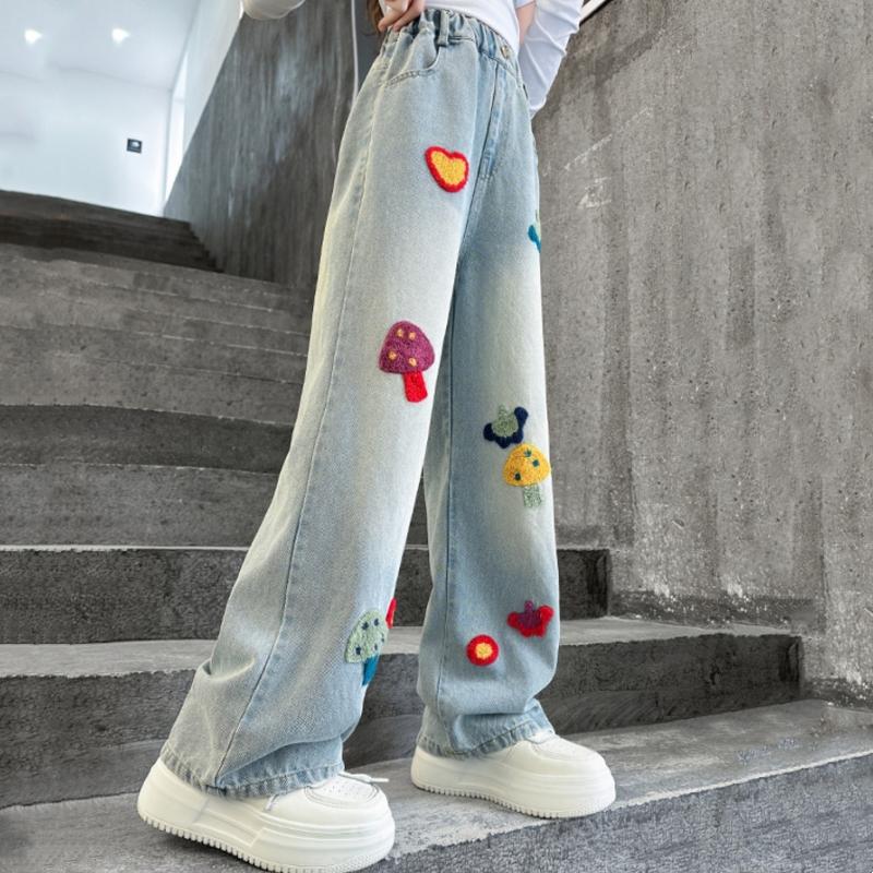 Girls Pants Children Casual Loose Jeans Love Mushroom Embroidery Little Girls Denim Wide-leg Pants Spring Autumn