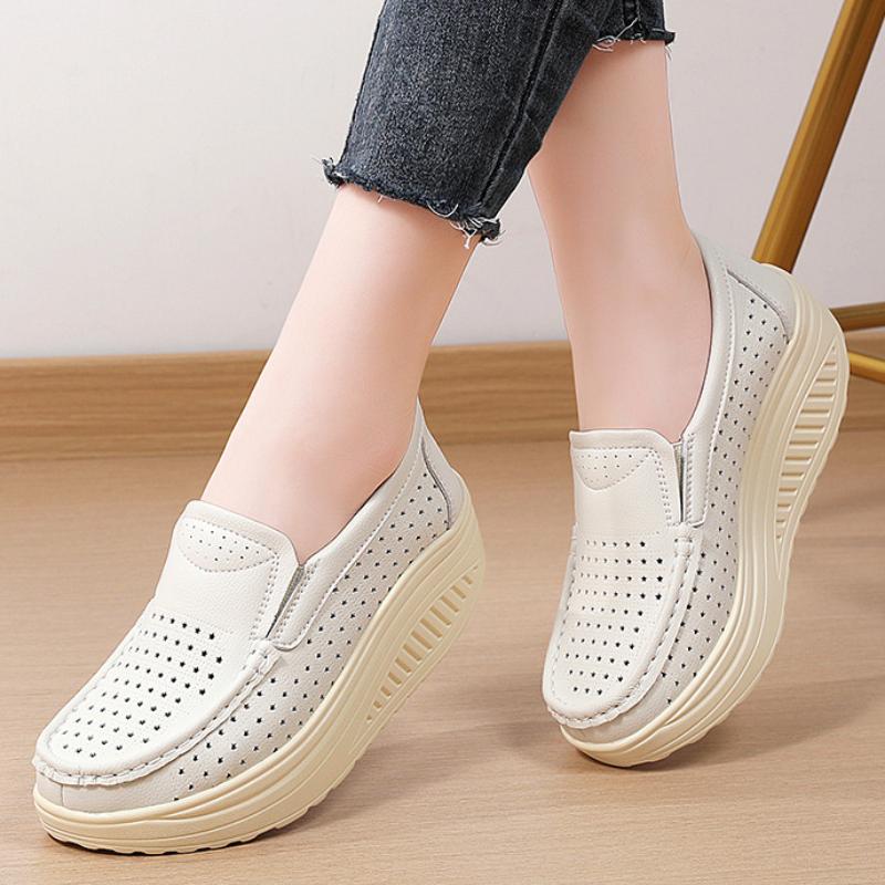 Fashion Wedge Heels Women Platform Shoes Rocker Shoes Genuine Leather Slip-on Loafers Casual Walking Shoes