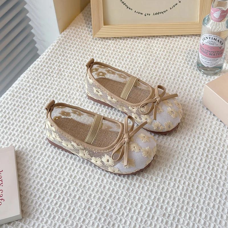 Floral Embroidery Lace Ballet Flats Sandal Baby Girls 2025 Summer New Breathable Mesh Ballerinas Kids Cute Non-slip Party Shoes