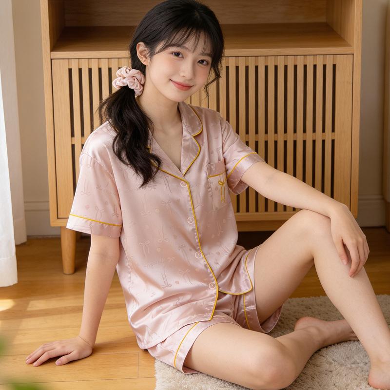 Ice Silk Pajamas Women'S Short-Sleeved Shorts Summer Cool Bow Jacquard Lapel Cardigan Loungewear Outside