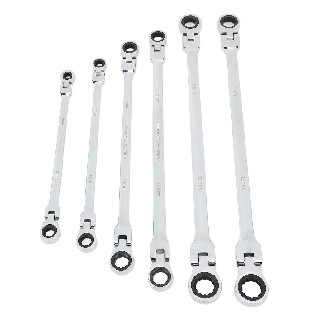 6 st Ledhuvud Spärrnyckelsats Metrisk 8‑19mm CRV Stål Extra Lång Dubbel Ringände Spärrnyckel för Reparation