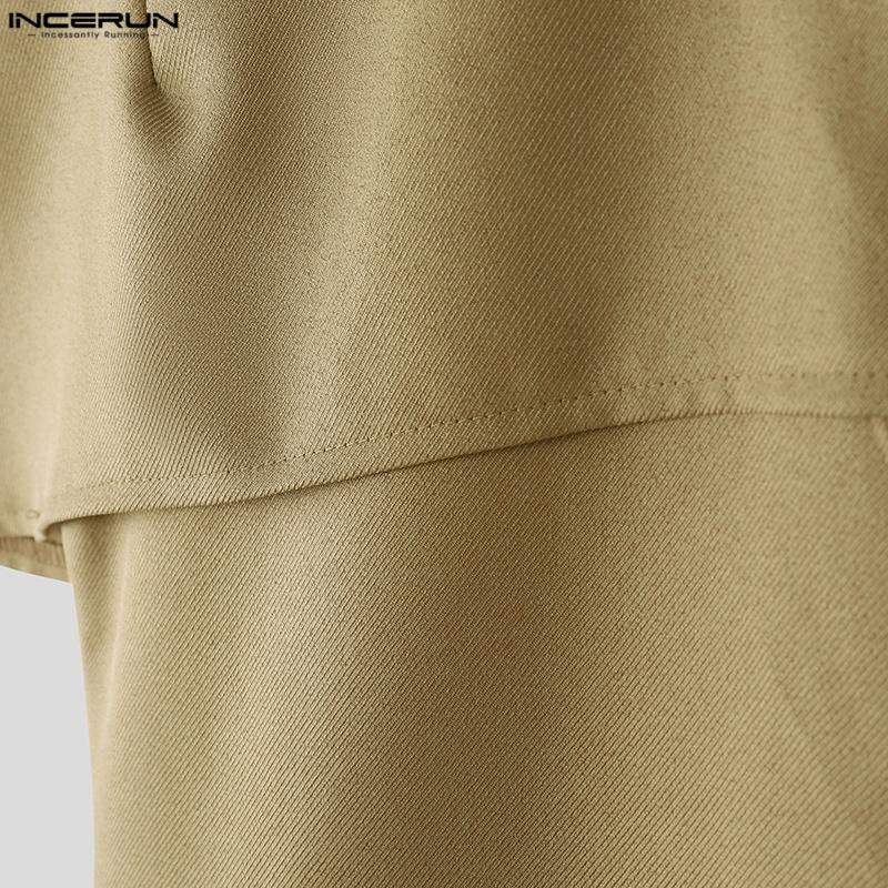 INCERUN Men Stand Neck Short Sleeve Buttons Side Splits Irregular Shirts Tops