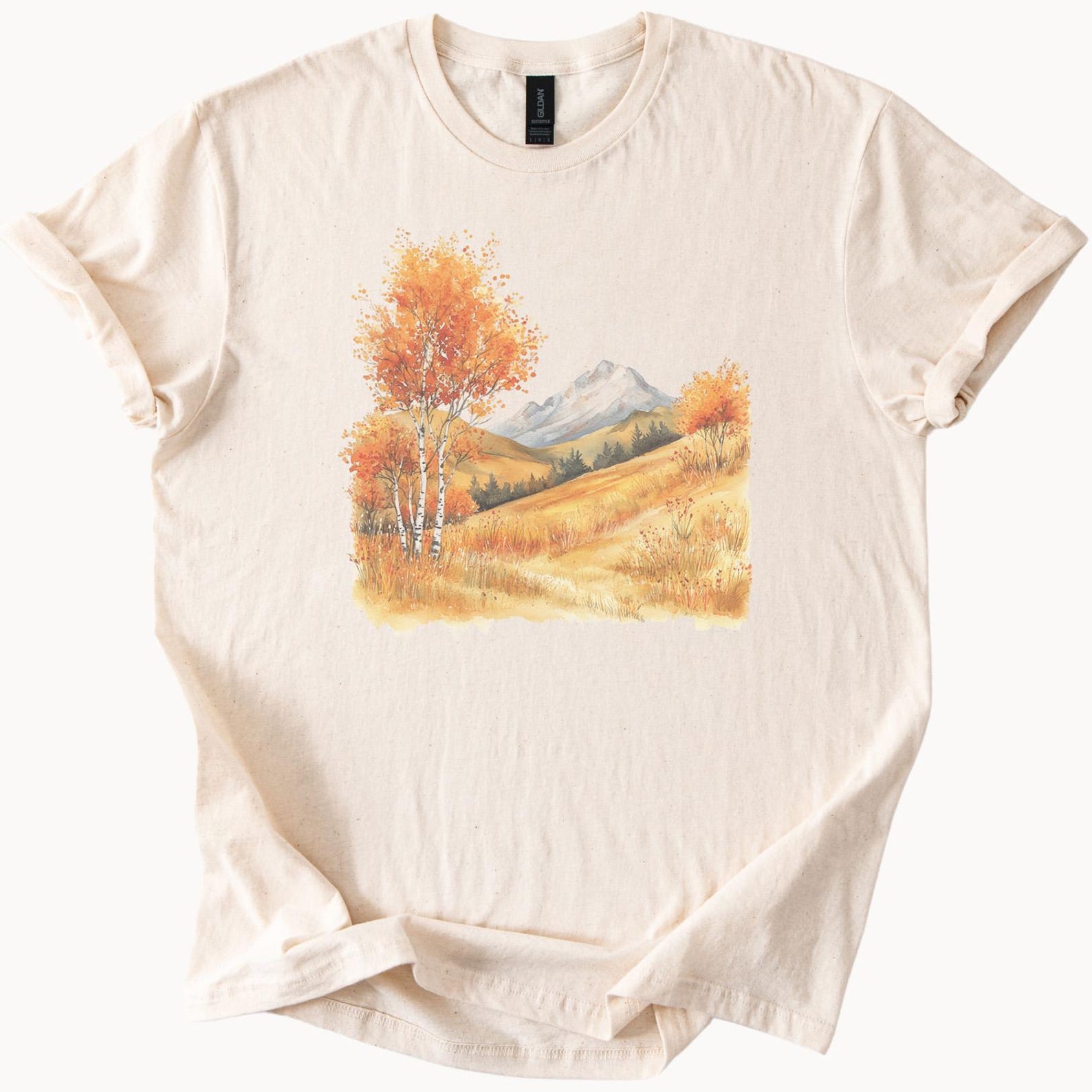 Autumn Mountain Landscape Graphic Shirt Fall Aspen Trees Nature Scene Tee Neutral Earth Tone Art 100