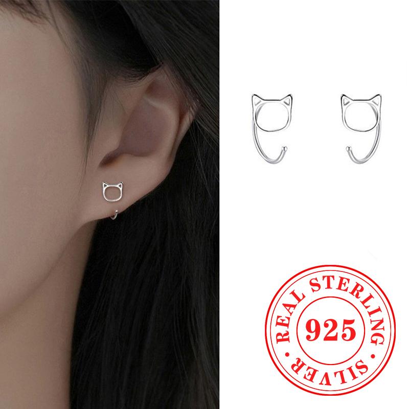 Cute Cat Stud Earrings  Sterling Silver High Quality Gorgeous Accessories for Women Sweet Glossy Party Jewelry Gifts