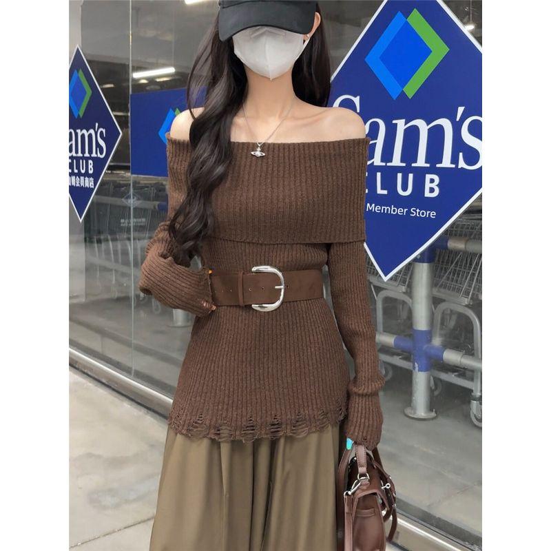 Kumikumi Design Sense Solid Temperament off-Shoulder Long sleeve Knit Women Autumn Waist Hugging Slimming Versatile Top