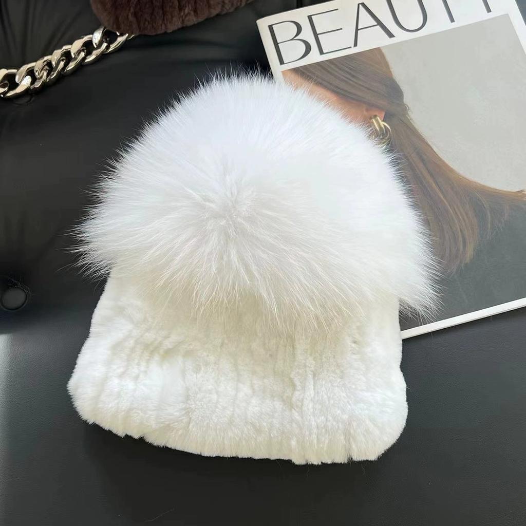 Real Rex Rabbit Hair Fox Hair Hat Thickened Fur Ear Protector Hat Cold-proof and Warm Plush Knitted Hat Baotou Hat Basin Hat