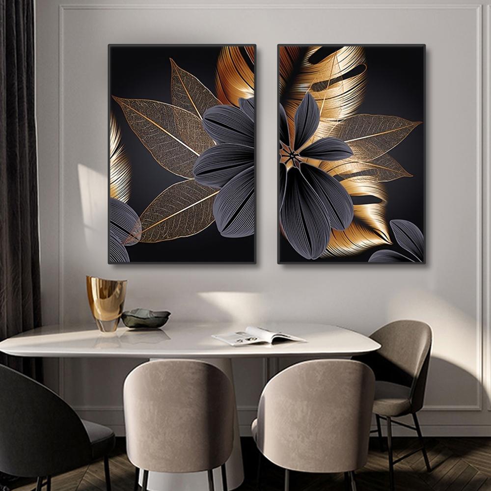 3 Pezzi Pittura su Tela Foglia di Pianta Nera Dorata Senza Cornice Arte Murale Astratta Decorazione Soggiorno Nordico Quadro Arredamento Moderno per la Casa