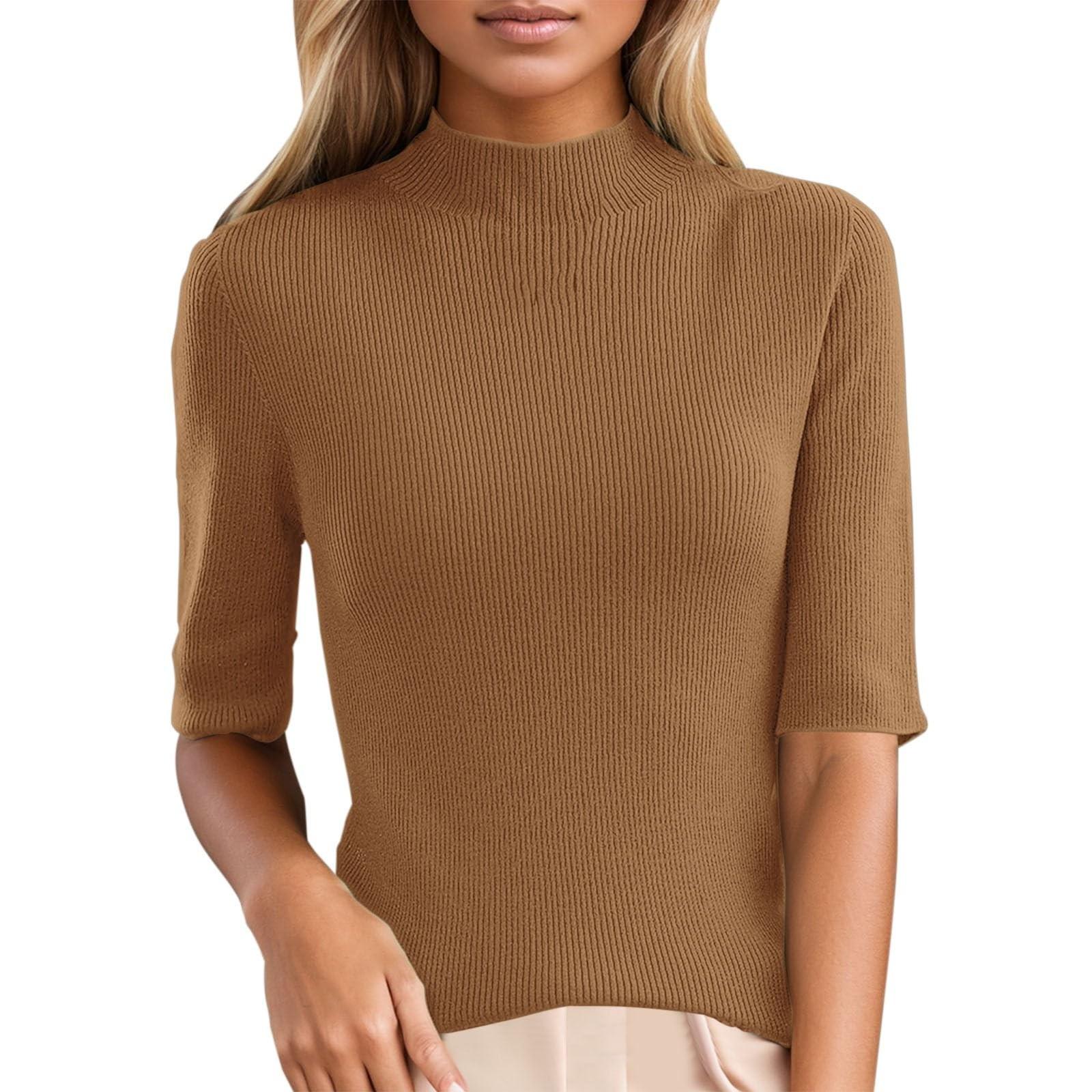 

Fashion Half High Neck Color Medium Sleeve Knitted Short Sleeve Woman XL кавовий