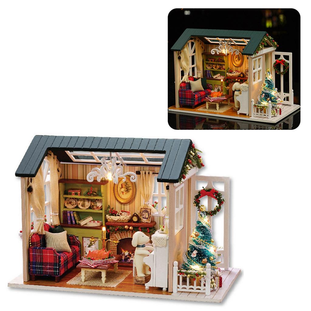 Miniature Wooden House Model with LED Light, Retro   Furniture Handcraft Kit for Developing