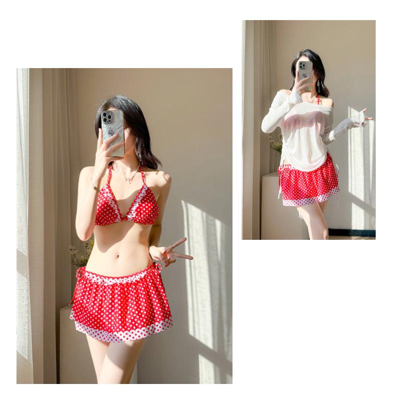Pure Desire Polka Dot Long Sleeve Bikini with Cute Cake Skirt - Women's 4-Piece Set