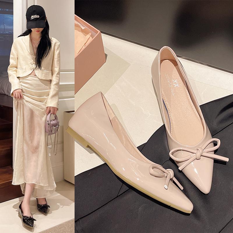 Fashion Spring Autumn Patent Leather Woman Flats Shoes Ballets Metal Buckle Bow Lady Fall Girl Ballerina Dress Pointed Toe Flats Shoes