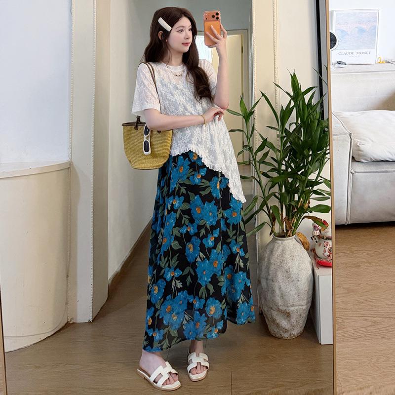 Korean Style Irregular Lace Maternity Top & Floral Suspender Skirt Set 2026 2XL