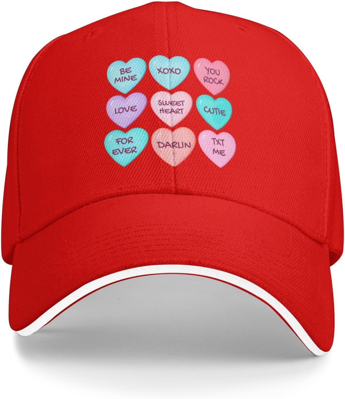 

Candy Hearts Themed Baseball Cap Polyester Casual Sun Protection Adjustable Hat for Unisex One Size