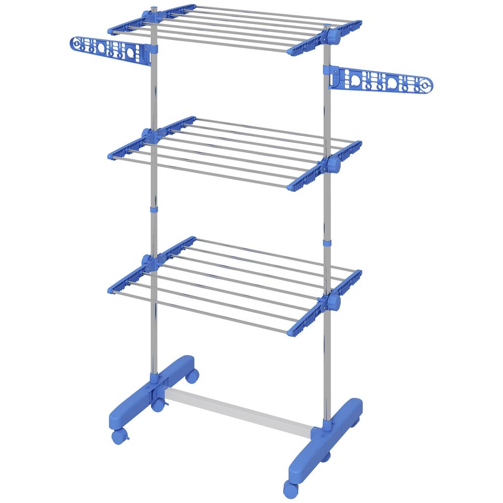 Foldable 3-Tier Clothes Drying Rack with Side Wings, 142x55x152cm, Blue