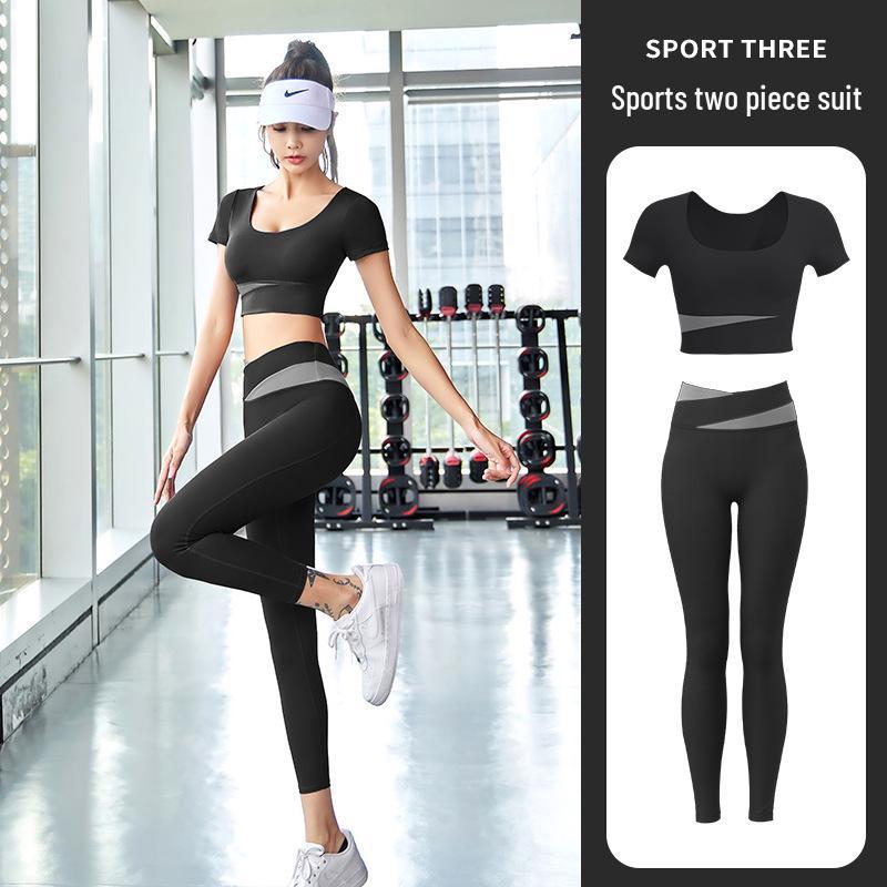 Women's Patchwork Color Block Fitness Set – Cropped Short Sleeve Top & High Waist Hip Lift Sports Pants for Spring/Summer Running & Workouts