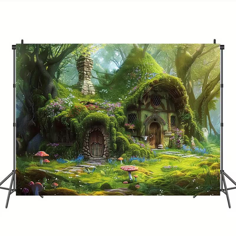 

2D Enchanted Cottage Tapestry, Magical Forest Hobbit House & Mushroom Wall Art for Kids Bedroom & Nursery 47.2x31.5inch/120*80cm